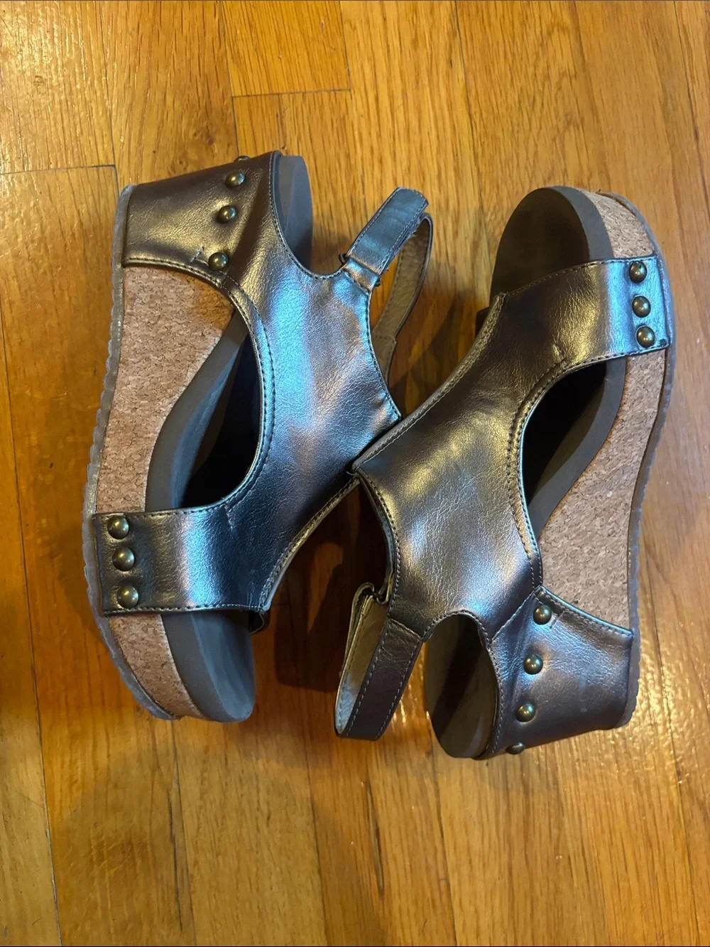 Corky’s Carley Metallic Bronze Wedge Sandals with Stud Detail - Women Size 6